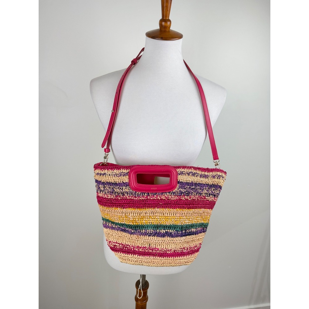 Maje Striped Straw Satchel Multicolor Stripe Pink Raffia Crossbody Euro Summer - Picture 12 of 16